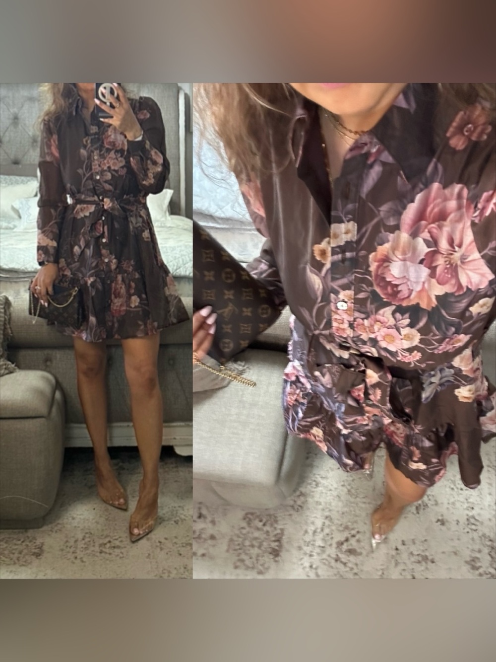 New🍁 Cocoa Brown Romantic Floral Belted Shirt Dress